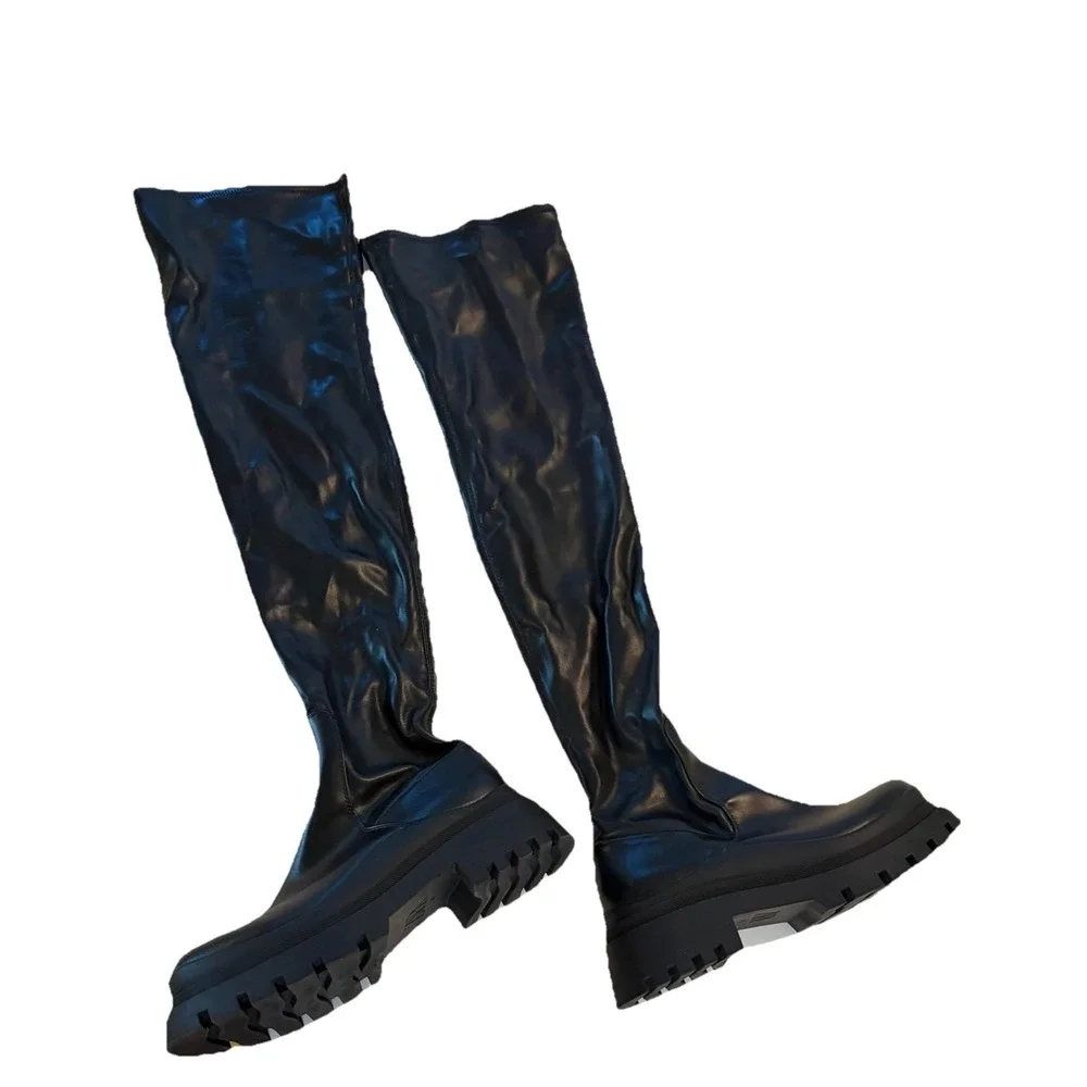 Zara Black Faux Leather Flat Over The Knee Boots Combat Long Tall Size 40